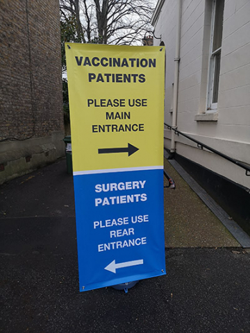 Blizzard outdoor stand signage for COVID-19 vaccination sites, Surgeries and Pharmacies offering the vaccine