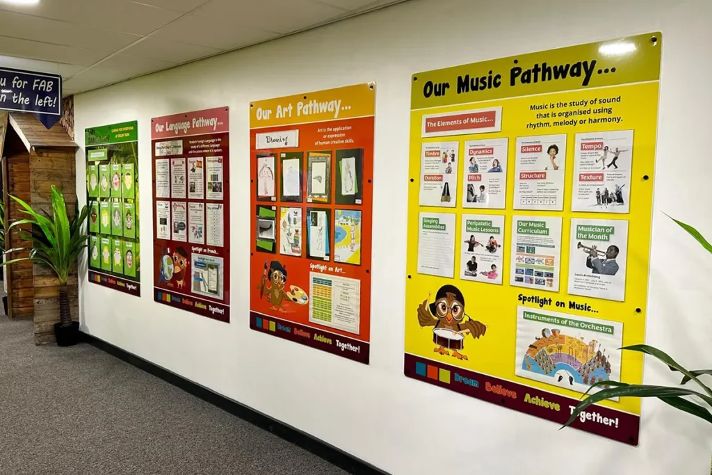 Custom-designed corridor information display boards at Oxley Park Academy, Milton Keynes, by Blocks Design.