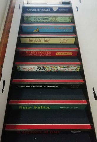 Book spine stair graphics for schools UKS2