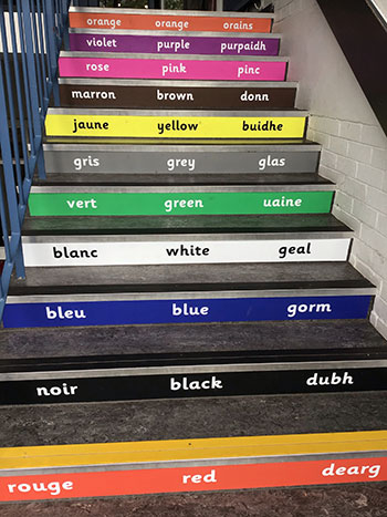Literacy stair graphics colours in three languages for Primary and Junior Schools