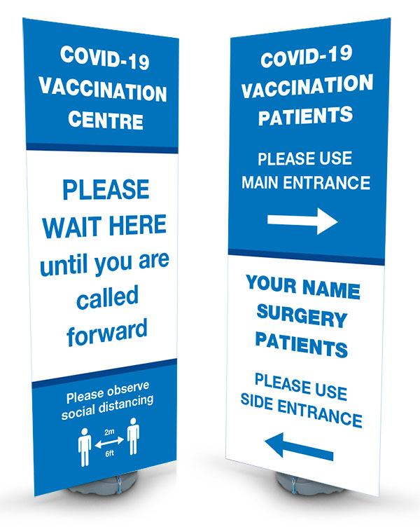 Covid-19 Vaccination Centre Blizzard outdoor stands signage for GP surgeries, designated vaccine sites, and Pharmacies