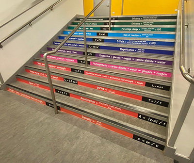 Science stair graphics on a flight of stairs leading to a science department at a school