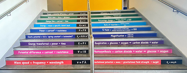 Science stair graphics on a flight of stairs leading to a science department at a school