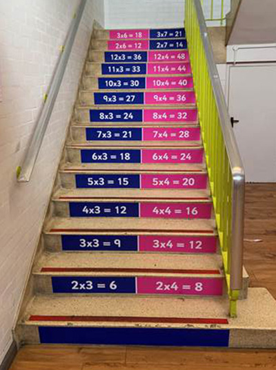 Times table stair graphics on stairs at a school