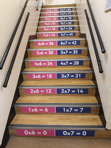 Times table stair graphics on a flight of stairs at a school