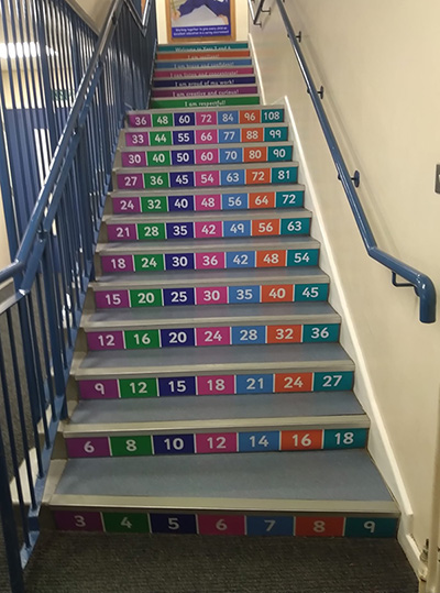 Stair graphics for a school with times tables number grid and values designs