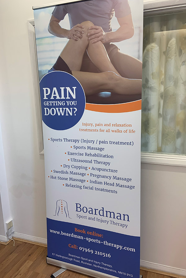 Banner stand on display at a sports therapist