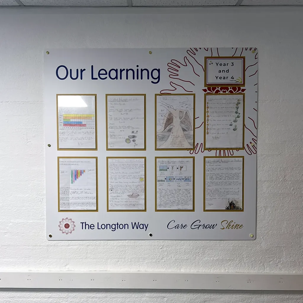 Corridor information display board on display in a primary school corridor, showcasing children's work in acrylic holders which allow the display to be easily updated