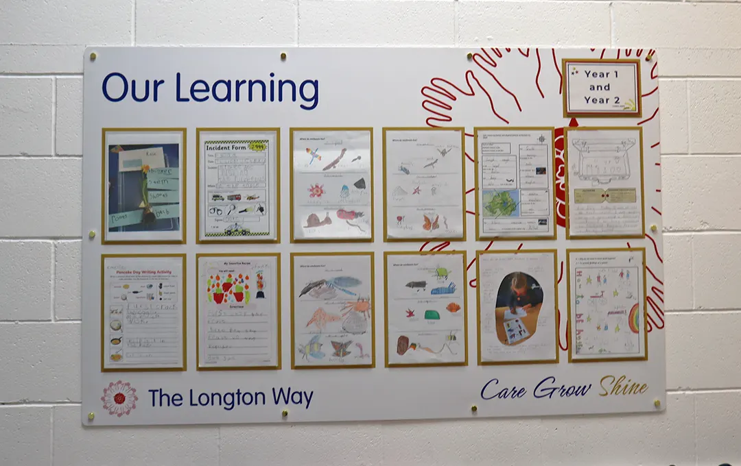 Corridor information display board on display in a primary school corridor, showcasing children's work in acrylic holders which allow the display to be easily updated