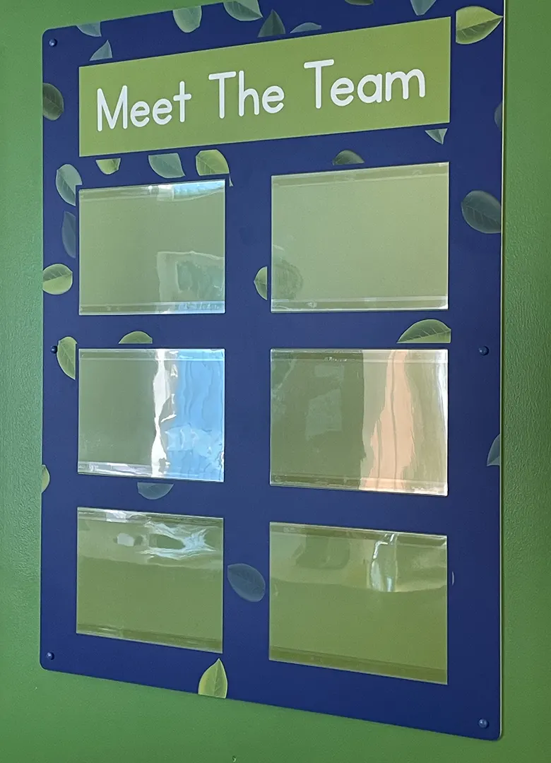 Meet the Team corridor information display board in a primary school reception area. Ready to display photos of the School staff in acrylic holders which allow the display to be easily updated