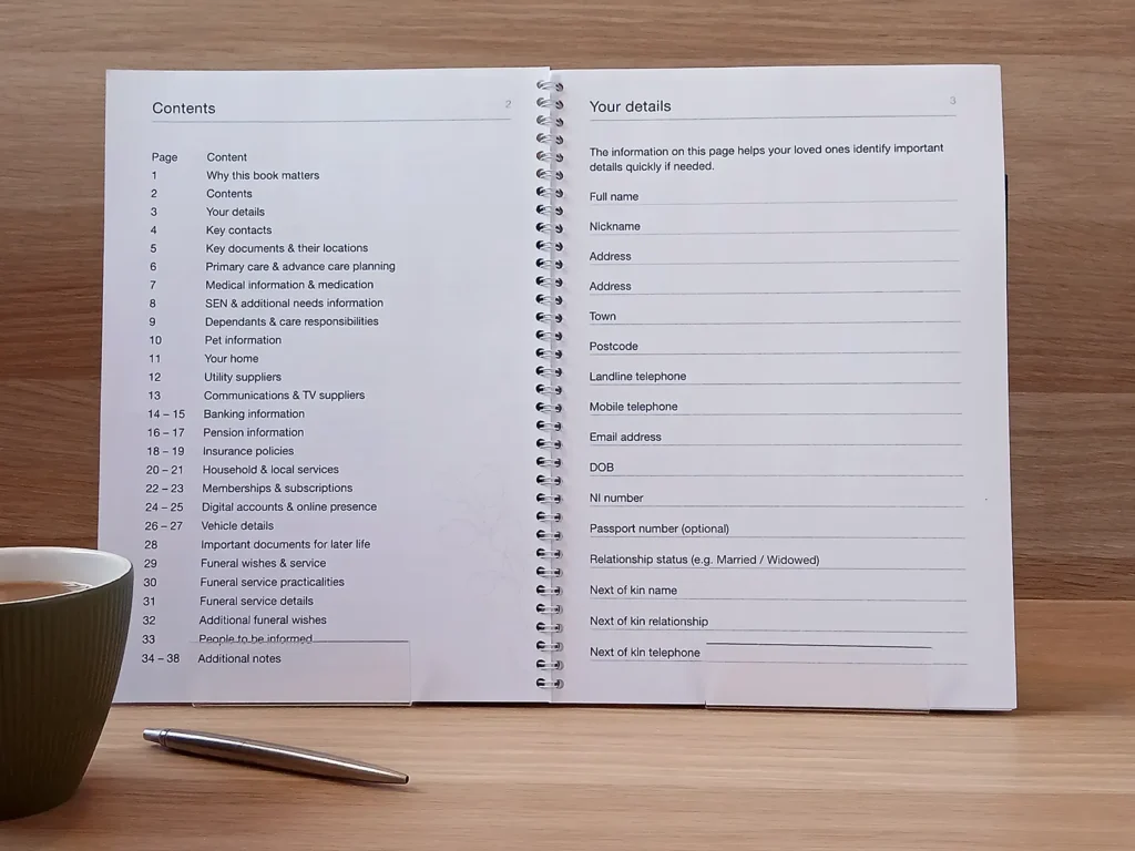 A view of two pages from the Later Life Planner: the "Contents" page and the "Your details" page for recording personal identity and key contact information.