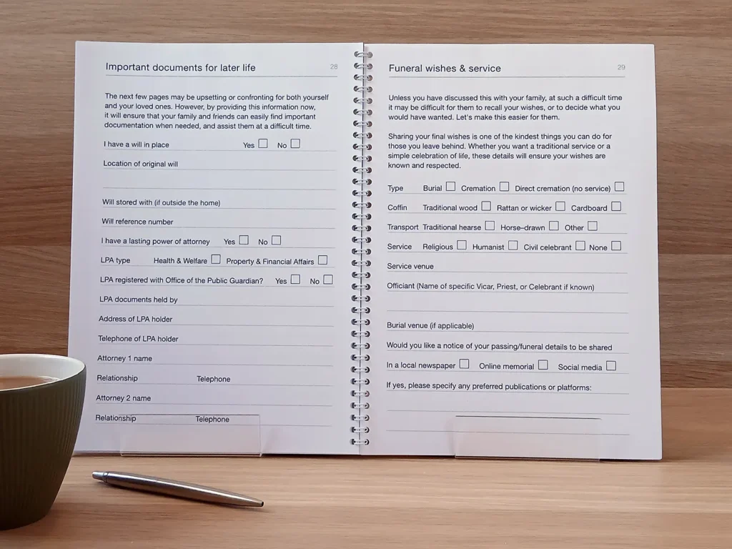 Two pages from the Later Life Planner: "Important documents for later life" and a planning page for "Funeral wishes and service".
