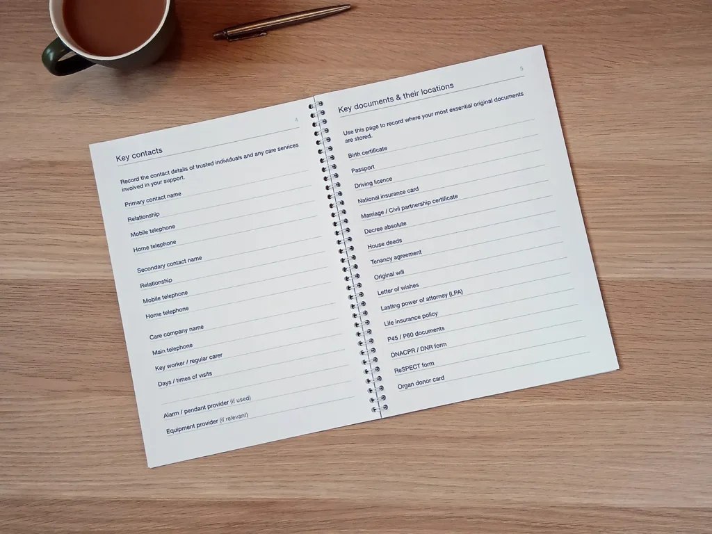 Two pages from the Later Life Planner: the "Your key contacts" page and the "Key documents & their locations" checklist.