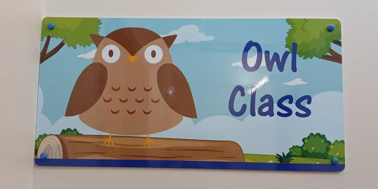 class-name-signage-howe-park-school-milton-keynes-2 Classroom name sign featuring owl graphic on wall outside classroom - Howe Park School, Milton Keynes