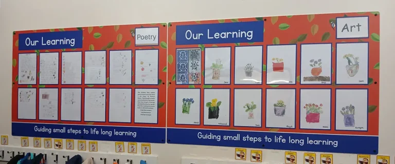 corridor-display-boards-howe-park-school-milton-keynes Two corridor display boards fitted side by side on corridor wall displaying children's poetry and artwork - Howe Park School, Milton Keynes