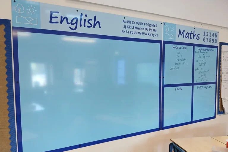 maths-english-classroom-board-signs-howe-park-school-milton-keynes-1 English and maths classroom boards on a wall in a classroom - Howe Park School, Milton Keynes