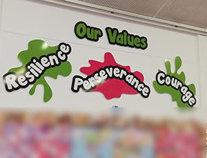 Primary school Values signs in a hall