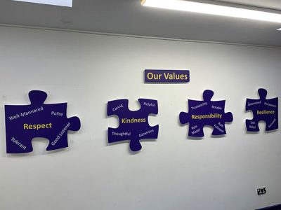 School Values signage in the shape of jigsaw pieces on an indoor wall at a Primary School